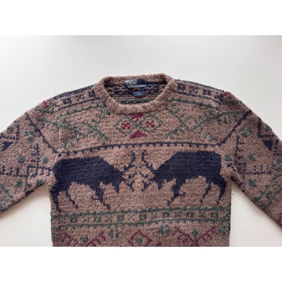 Men's POLO RALPH LAUREN Brown Reindeer Deer Wool Knit Handknit Sweater, Size S - Picture 5 of 10